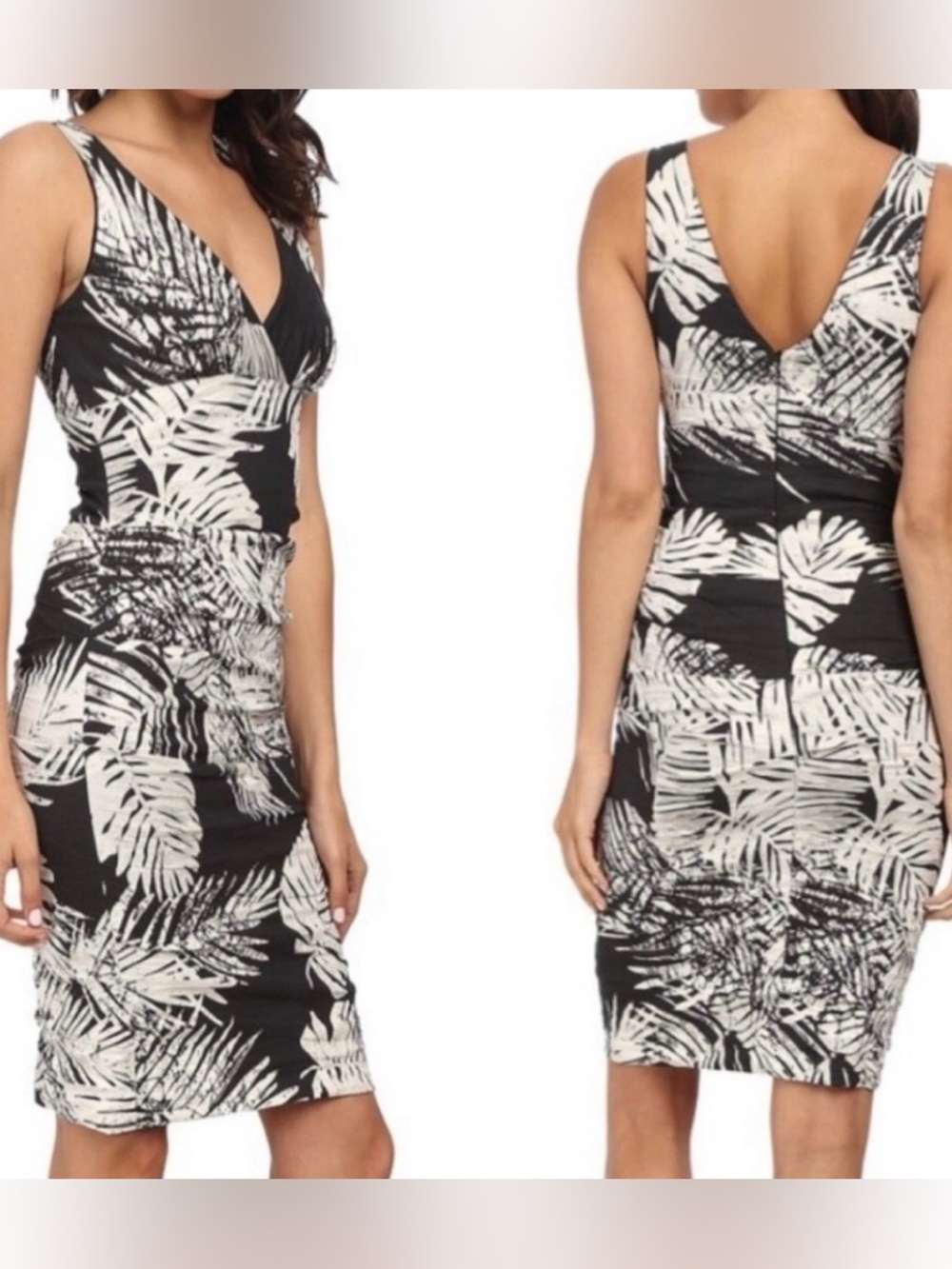 Nicole Miller Artelier Black and White Palm-Print V-Neck Midi Dress